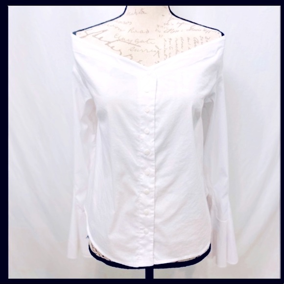 Free People Tops - Free People White Off The Shoulder Silhouette Vd Neckline Long Bell Sleeve Shirt